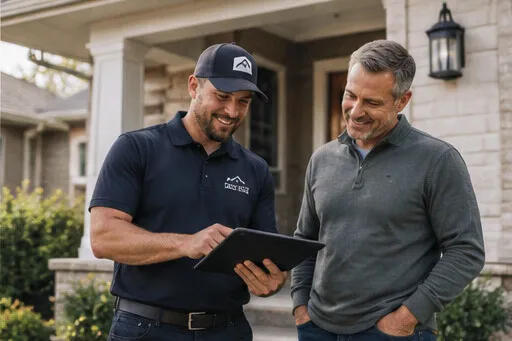 Homeowner on a tablet in front of a house, mid-conversation with a contractor.