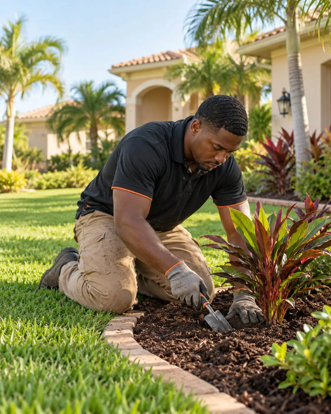 Landscaper kneeling at a fresh mulch bed, planting a red ti plant beside a paver border and green lawn