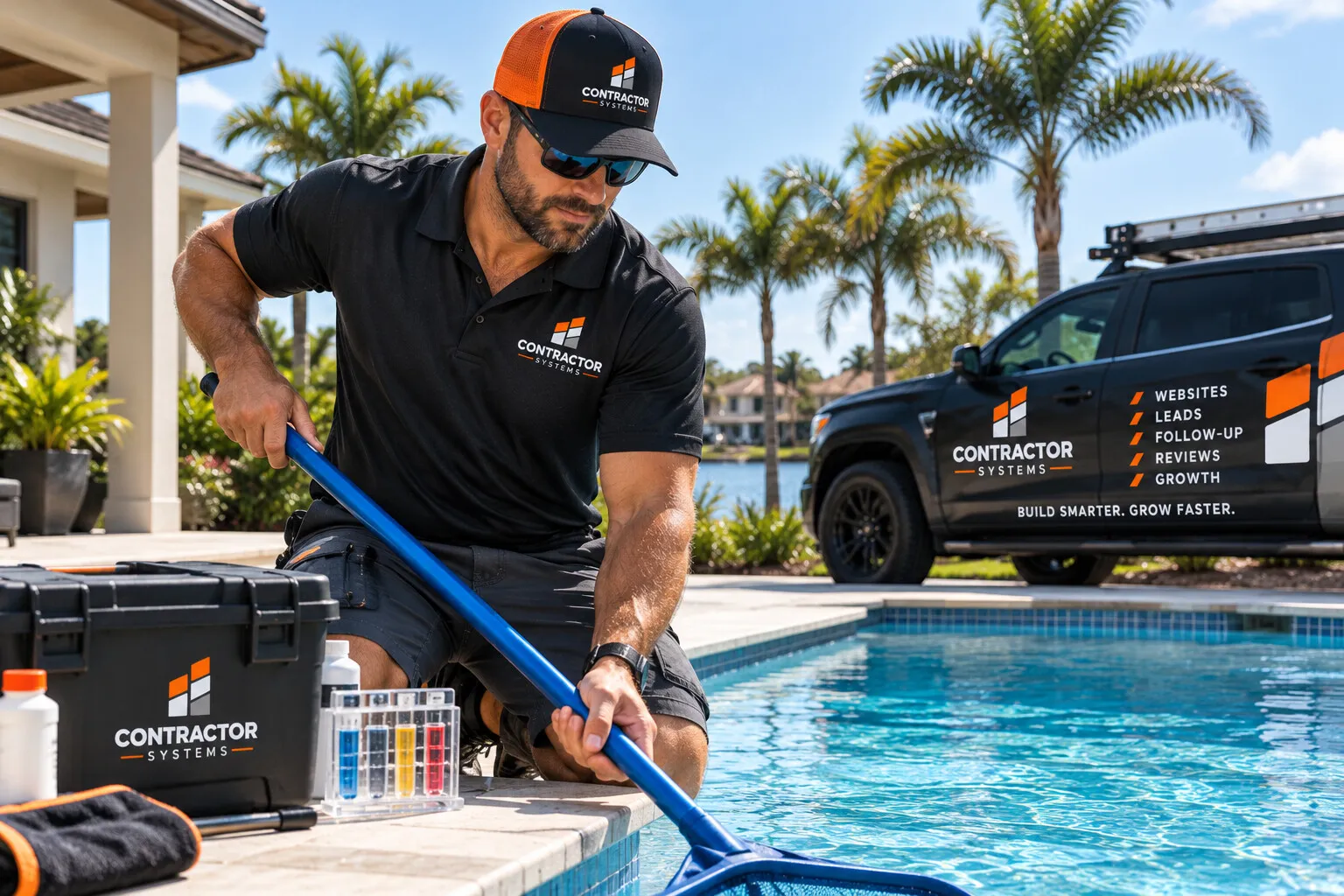 Técnico de piscina com roupas da Contractor Systems limpando uma piscina de quintal, com uma picape da marca estacionada ao fundo