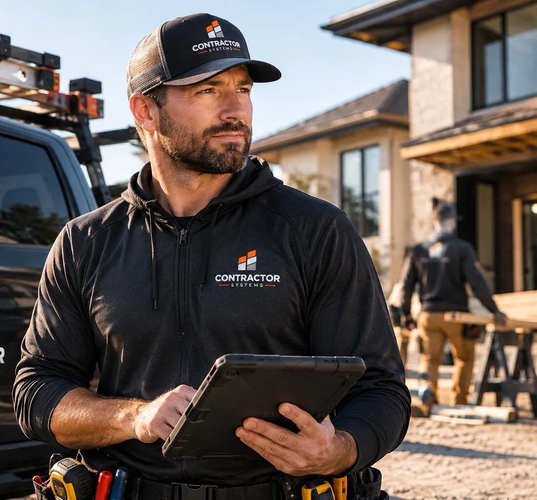 A contractor checking a tablet beside his truck at a residential jobsite.